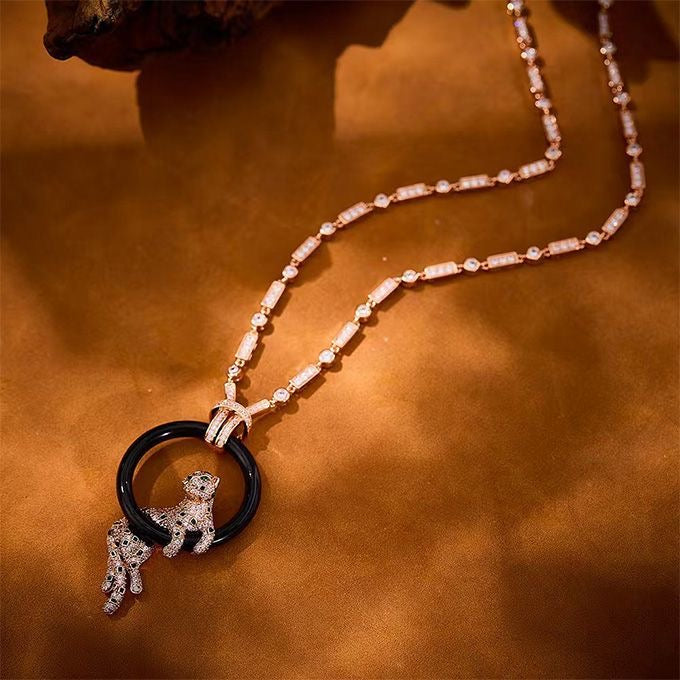 [Triumph Jewelry jewelrys]NEW BLACK CIRCLE PANTHER FULL DIAMOND NECKLACE