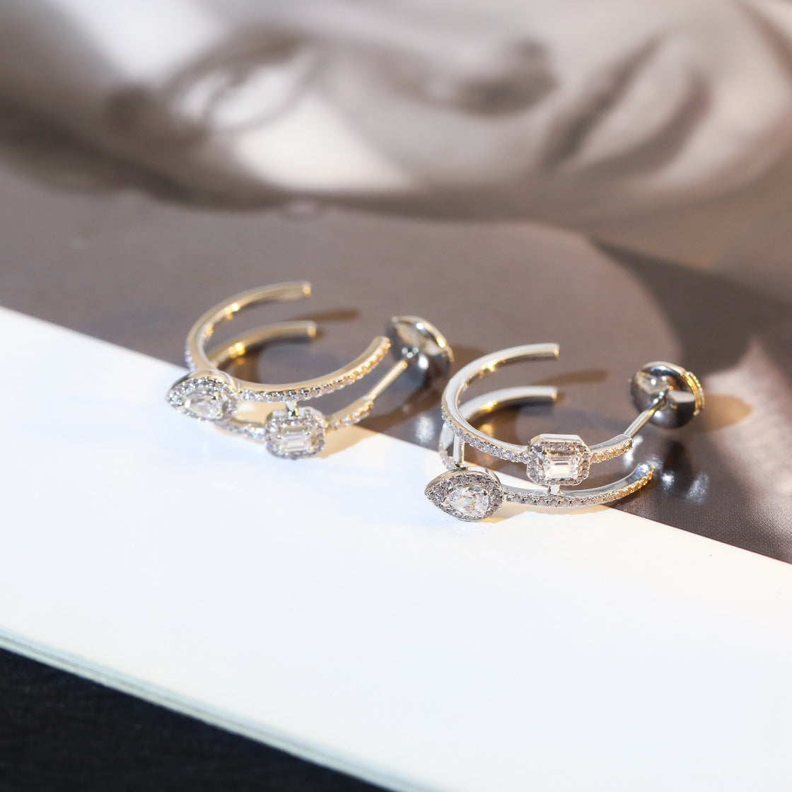[Triumph Jewelry]CREOLES MY TWIN 2 RANGS SILVER DIAMOND EARRINGS